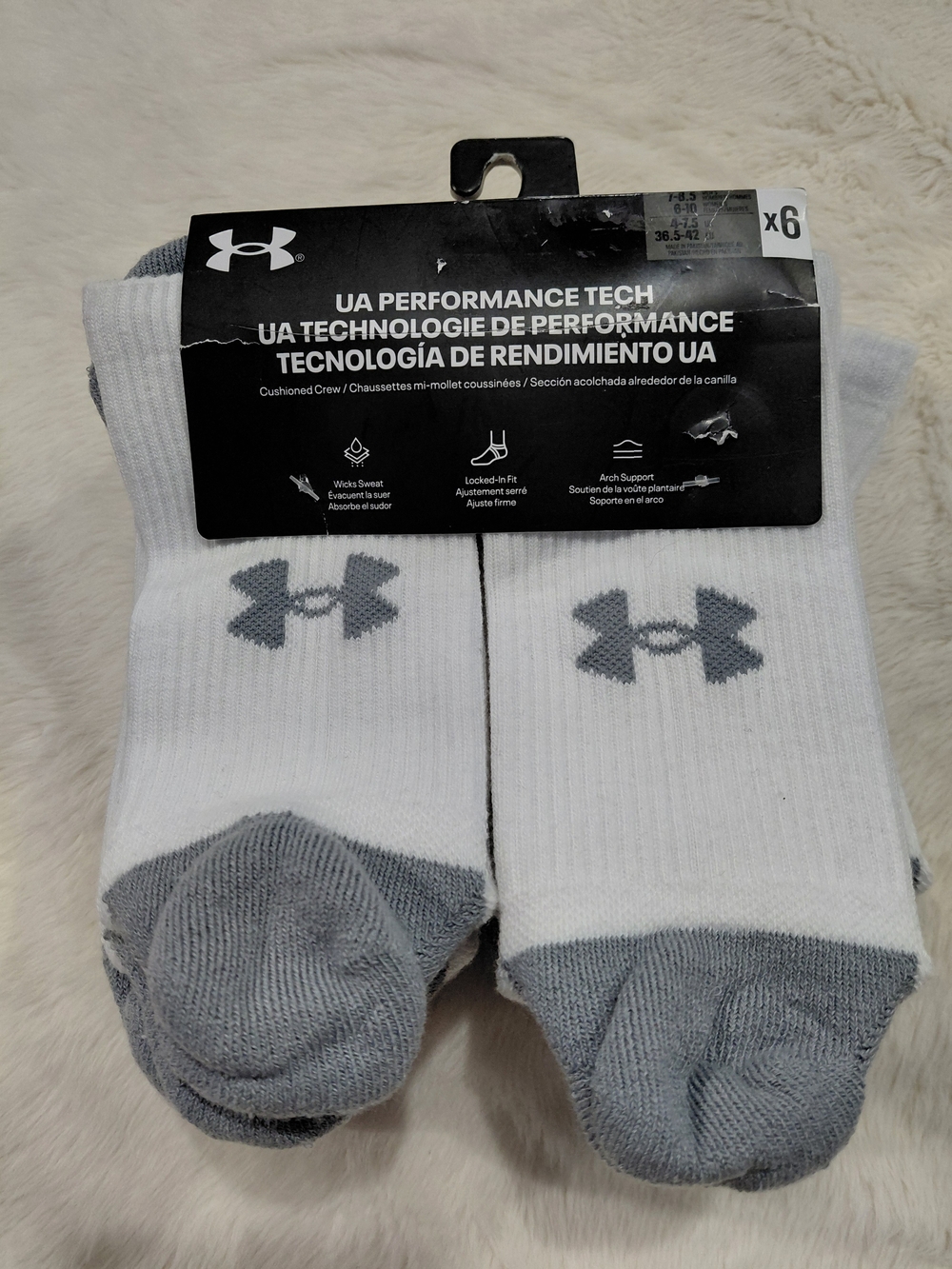 NWT Under Armour UA Performance Tech Cushioned Crew Socks - White/Grey (6 Pack)